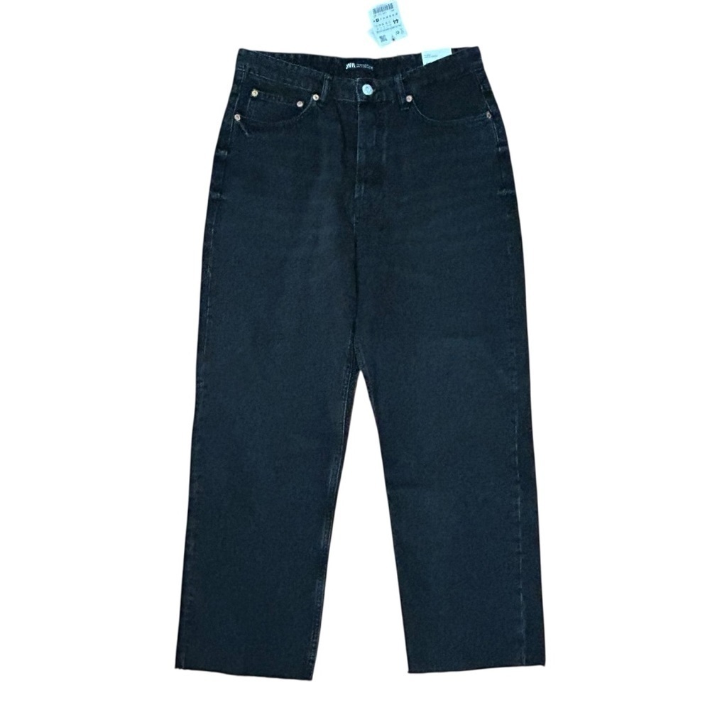 Zara Size 12 Black Wash Jeans Button Join Life High Rise Ankle Straight Raw Hem